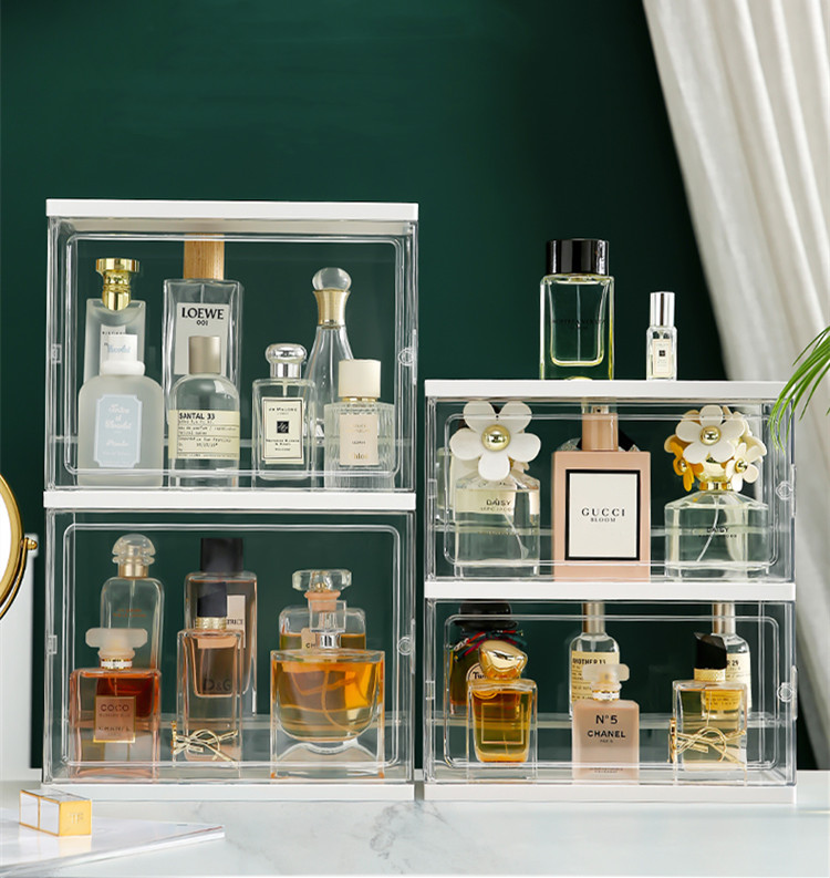 Caja de almacenamiento de perfumes acrílica transparente de gran capacidad, estante de joyería, caja de almacenamiento de maquillaje a prueba de polvo, armario de exhibición de esmalte Aail de juguete