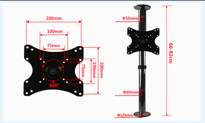 Soporte giratorio de acero inoxidable 360 para TV LCD, montaje de montaje en pared divisoria, Altura ajustable de 66-82cm, 19-40 pulgadas, , BG11-S