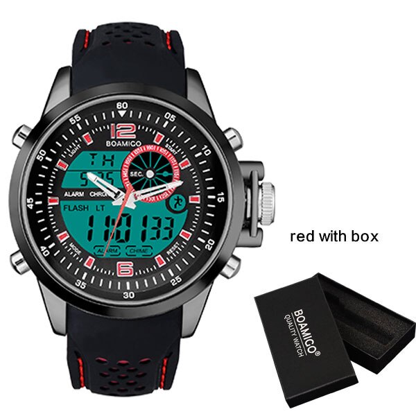Boamigo Mannen Sport Horloges Wit Multifunctionele Led Digitale Analoge Quartz Horloges Rubber Band 30 M Waterdicht: red with box