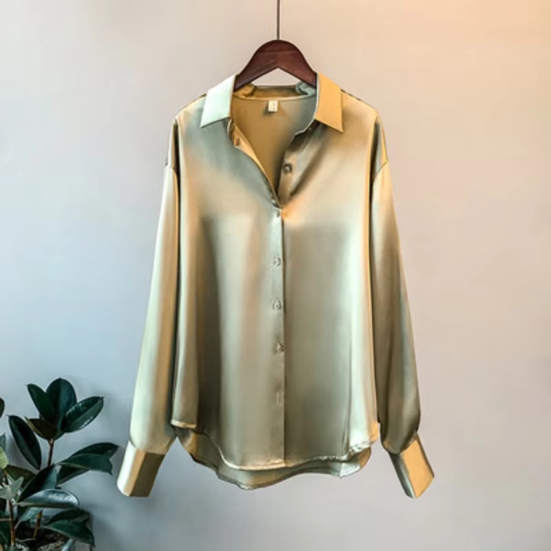 Vårskjorte med knapper i sateng og silke, vintagebluse, hvite topper, dame, lange ermer, løse gateskjorter, 11355