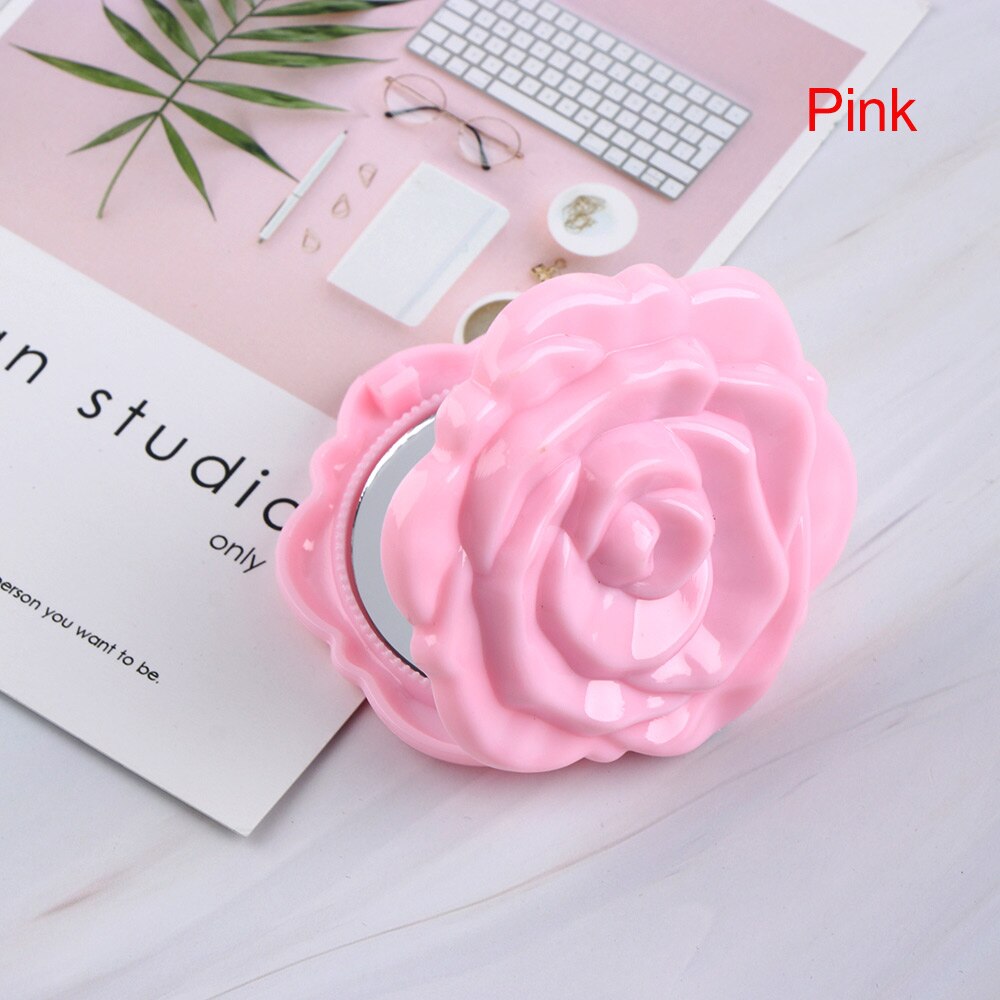 Vintage 4 colores dos Lado de viaje portátil lindo forma de rosa espejo de bolsillo plegable de doble cara 3D mano maquillaje espejo: Rosa