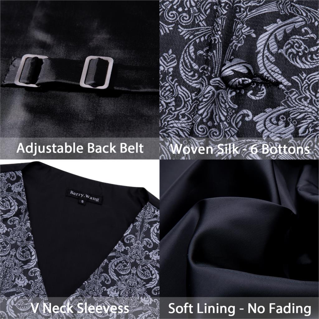 Mannen Zijden Pak Vest Zwart Paisley Vest Bowtie Zakdoek Manchetknopen Set Huwelijkscadeau Zakelijke Formele Ml-2003 Dobby
