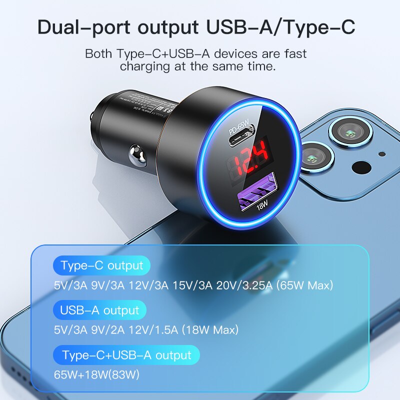 KUULAA 83W ładowarka samochodowa USB typ C podwójny Port PD QC szybkie ładowanie do laptopa przezroczysta ładowarka samochodowa do telefonu iPhone Samsung