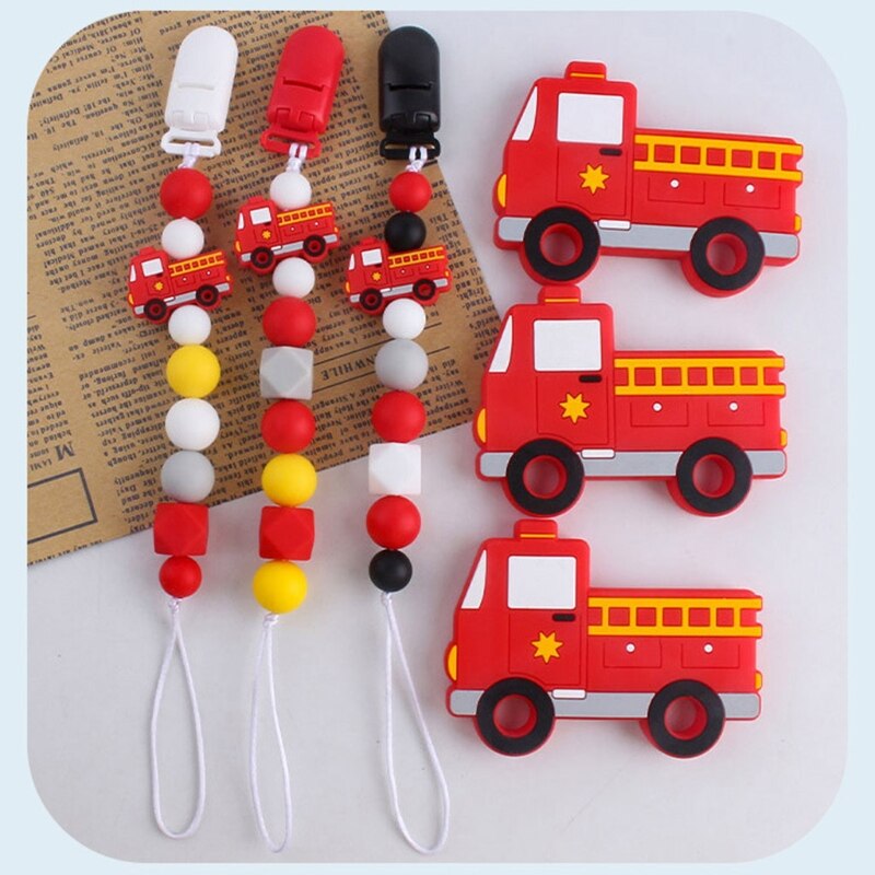 2 Pièces Bébé Sucette Chaîne Dessin Animé Camion De Pompier Ensemble de Dentition Tétine Factice Clip De Fixation En Silicone Pour Bébé De Dentition Sucette Molaire