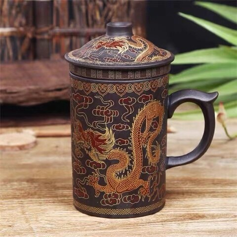 Håndlavet yixing håndmalet dragon skønhed lilla ler te krus med låg og infuser kontor tekop keramik vand krus drinkware: B