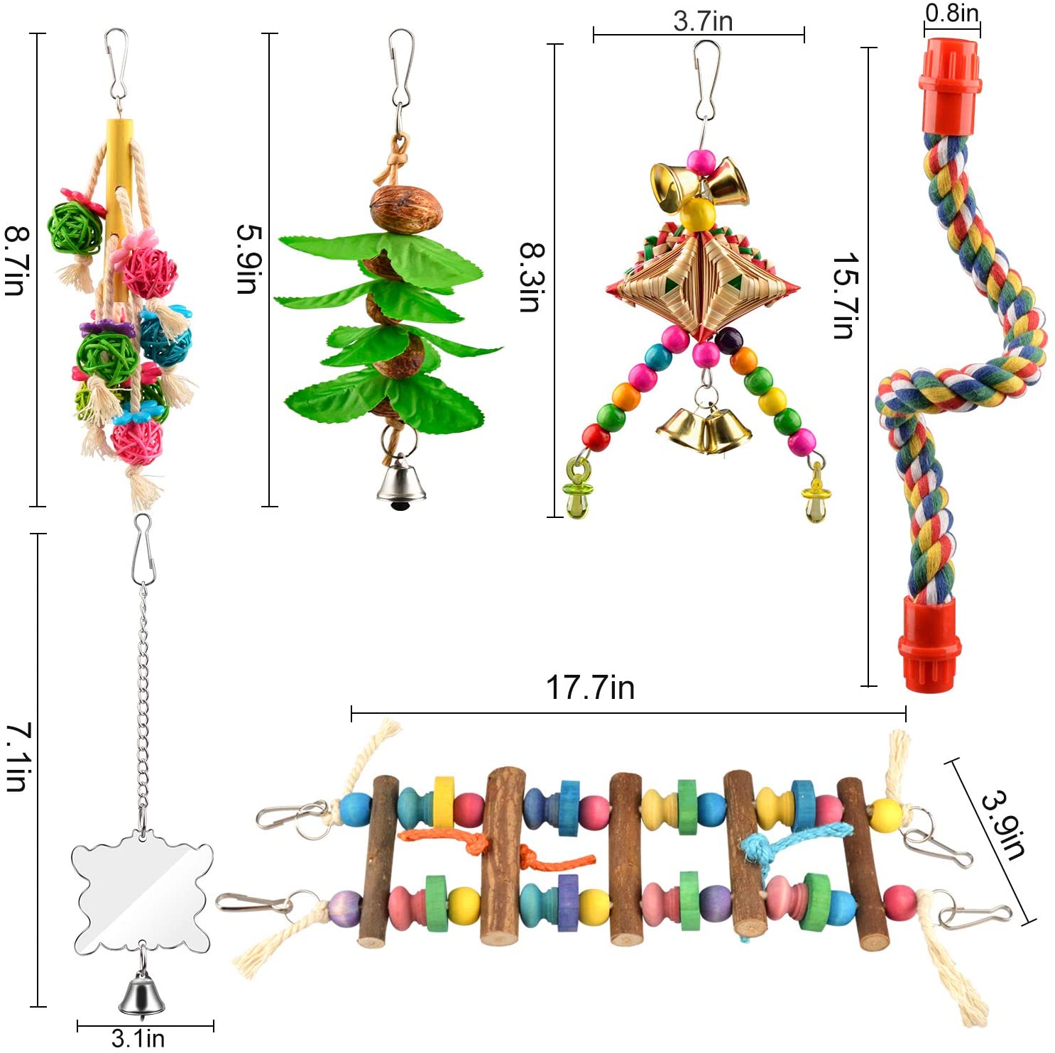 Columpio para aves de juguete, 6 uds., columpio para masticar, para loros, canarios, perchas colgantes con campanas, periquitos, juguetes para masticar