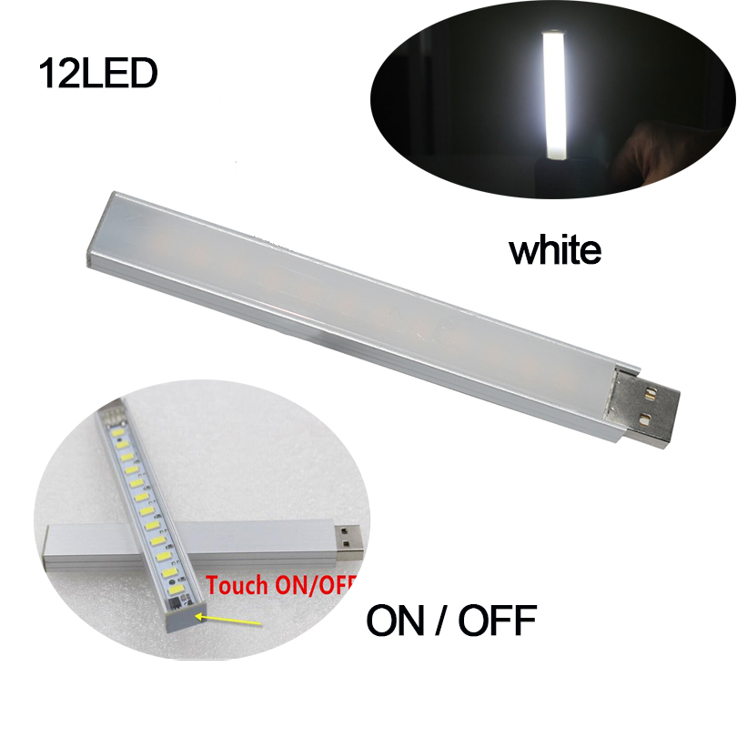 Mini 5v usb led natlys bærbar berøringssensor bordlampe bog læselommelygte natlys til powerbank laptop lampe: 12 led touch hvid