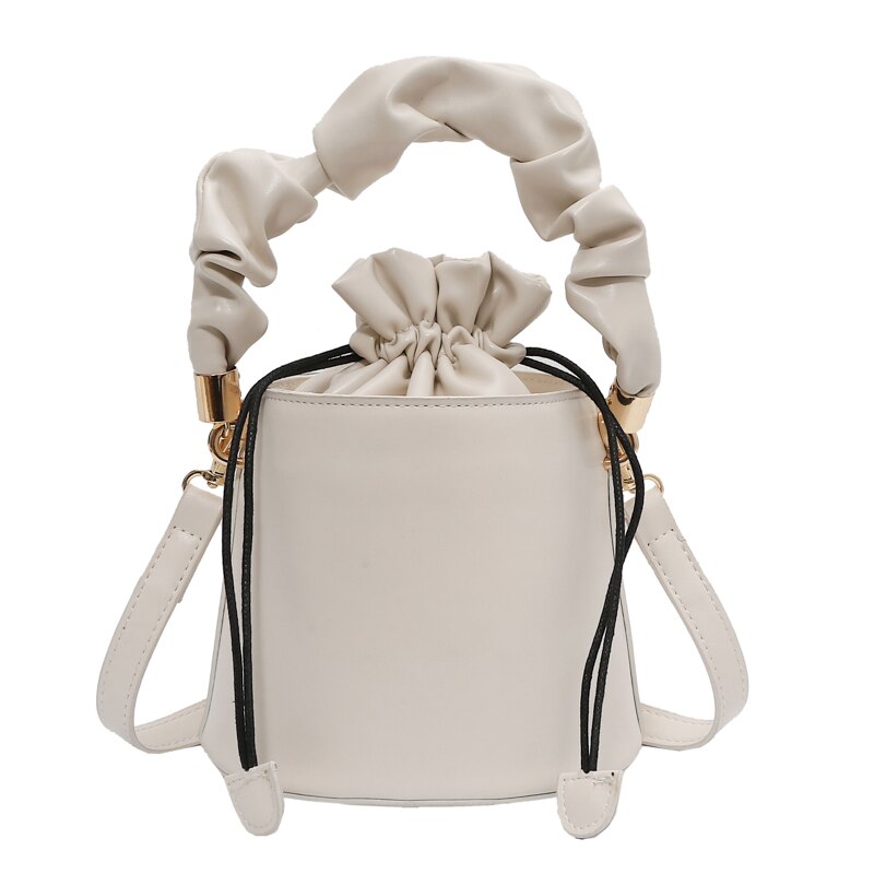Solid Color PU Leather Women Drawstring Bucket Bags Ladies Small Shoulder Crossbody Bag Female Mini Handbag Purse: White