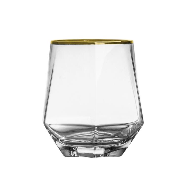 Taza de agua con forma de diamante transparente, taza de cristal con borde dorado, para beber en el hogar, polígono, mate, para leche, vino, estilo Elagant