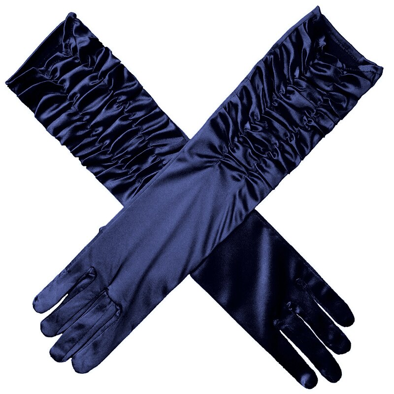Gants longs en Satin extensible pour adulte, noir, blanc, rouge, gris, peau opéra/coude/poignet, Costume assorti pour femme: Marine Bleu