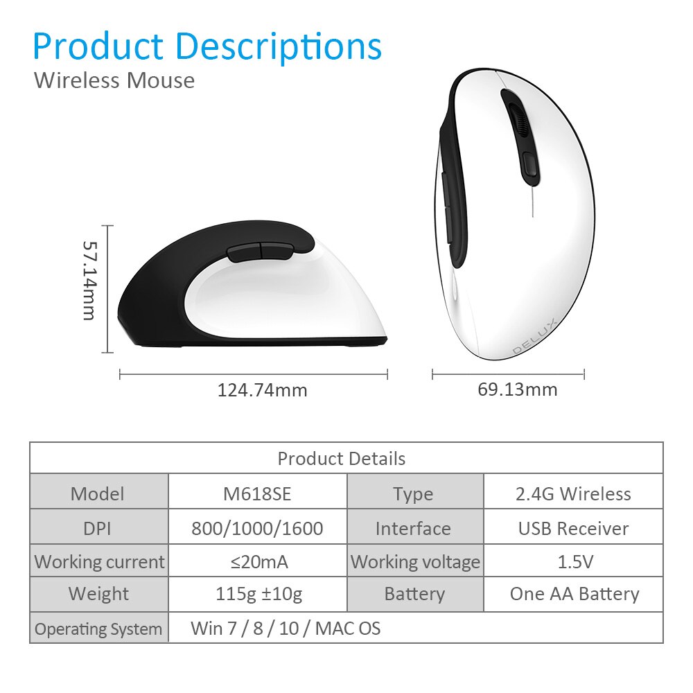 Delux M618SE 2.4G Wireless White Mouse 6 Buttons Ergonomic Vertical Optical Office USB Mice For Windows 2000/XP/Vista/7/8/10