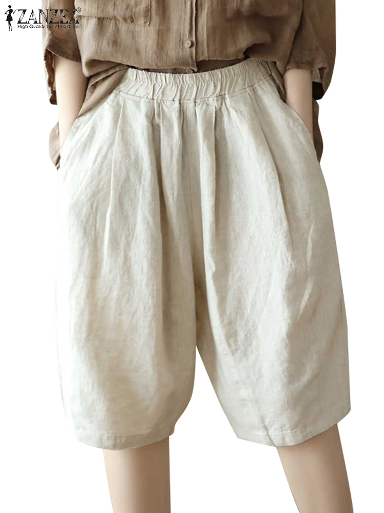 Zanzea sommar koreanska pantalons dam korta byxor elastisk midja veckade shorts avslappnade lösa bomullsbyxor