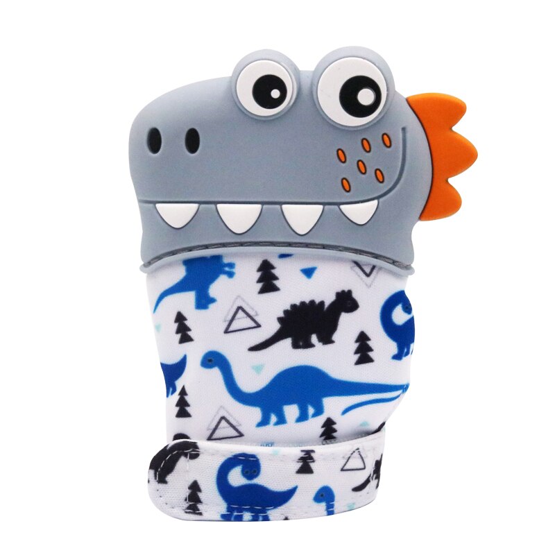 Baby Silicone Mitts Teething Mitten Glove Sound Teether Newborn Chewable Nursing Mittens Teether Natural Stop Sucking Thumb Toy: Gray Dinosaur