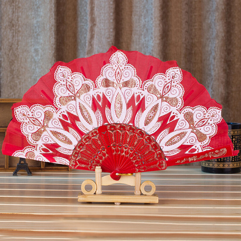 Ventilador plegable de poliéster con patrón de flores, 7 estilos, estilo chino tradicional de encaje con bronce, abanico plegable de tela ventilador plegable, decoración del hogar 1 unidad: 5