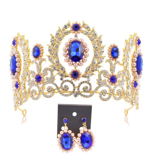 Barroco feminino strass falso pérola coroa tiara brincos conjunto de jóias de casamento: Golden Royal Blue