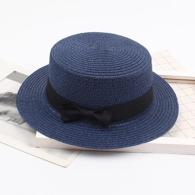 Sombrero de playa Simple de verano para mujer, sombreros casuales para mujer, corbata de lazo con borde plano, sombrero de paja para niñas, sombrero de Sol para deportes de natación, para adultos: Navy