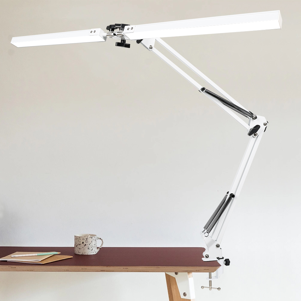 Lâmpada de mesa LED 2 em 1 24W mais brilhante com lâmpada de mesa com braçadeira braço oscilante flexível 3 modos de cor Stepless regulável cabeça dupla