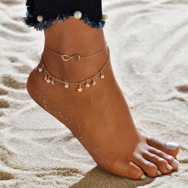Bohemian Multilayer Tassel Anklets For Women Pearl Beads Dolphin Evil Eye Cactus Shell Pendant Ankle Bracelet Foot Chain Jewelry