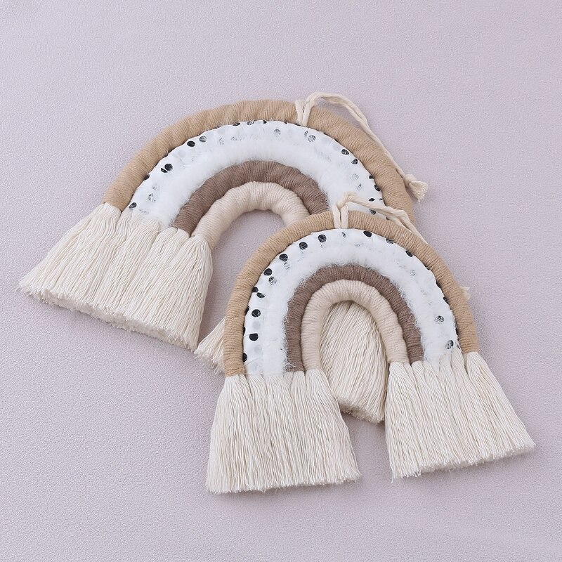 Adorno colgante de pared de arco iris de puntos, tejido hecho a mano, macramé, decoración nórdica para el hogar, guardería, habitación de niños, arte artesanal