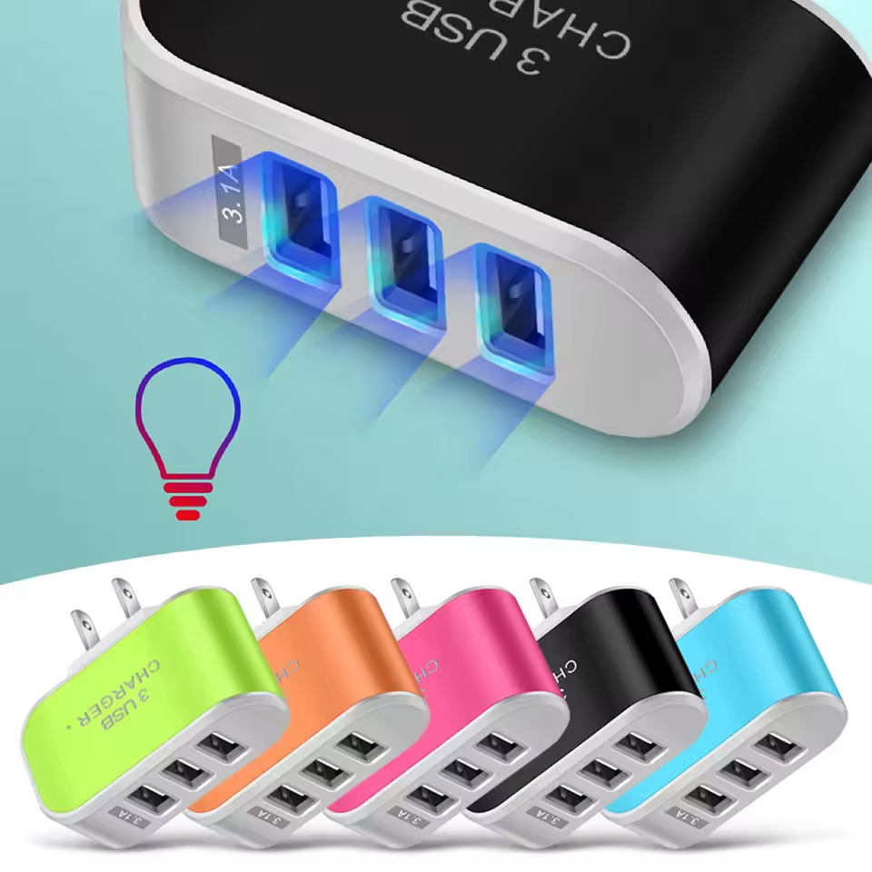 Cargador USB 3.1A de 3 puertos, luz LED, cabezal de carga rápida multifuncional, cabezal de carga USB, adaptador de pared para cargador de teléfono móvil USB