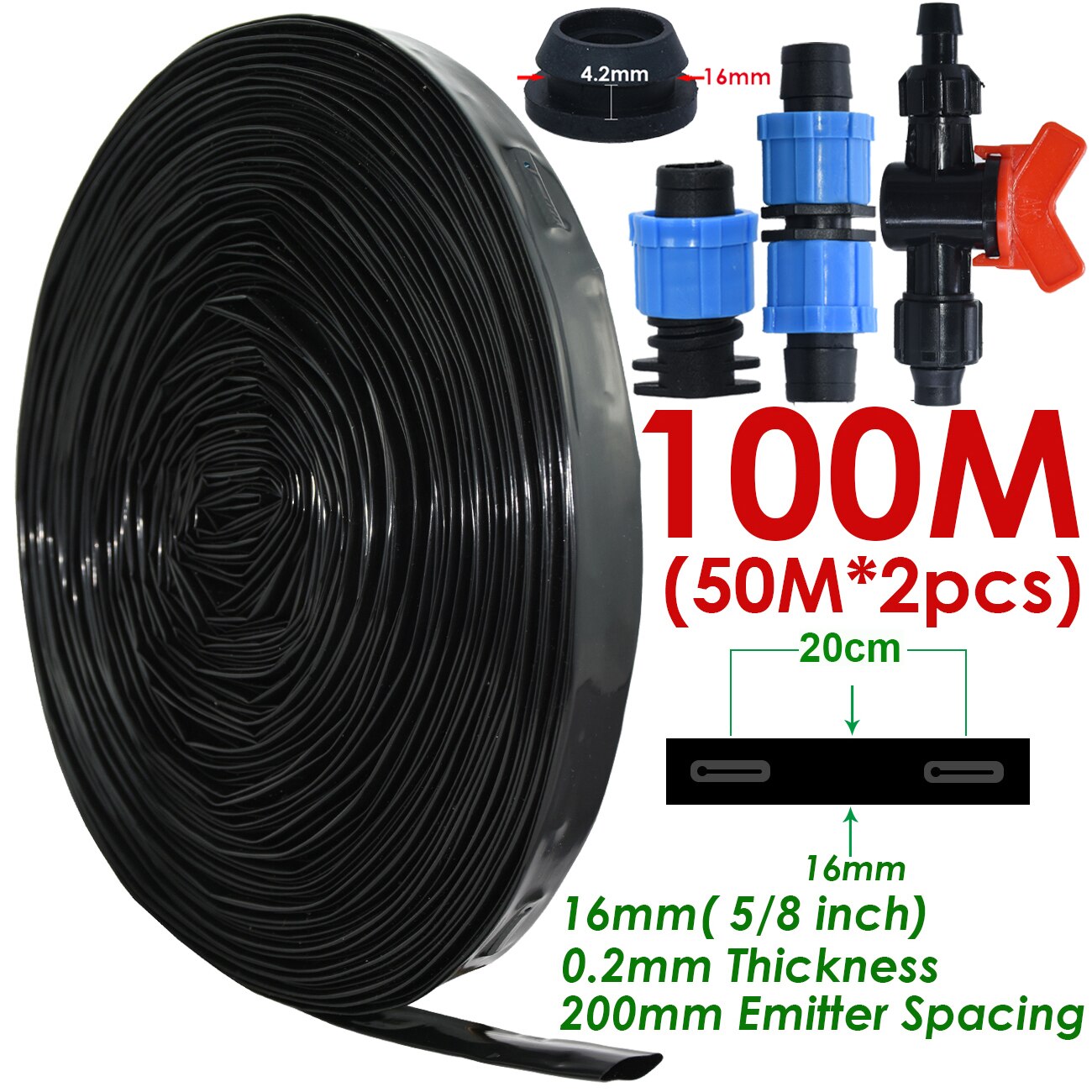 KESLA 20-150M 5/8 ''16mm 0.2mm gruba taśma kroplująca robić nawadniania 8mil 20cm emiter Dripper odstępy szklarnia ogród podłącz twardy wąż: KSL01-KIT142B-100M