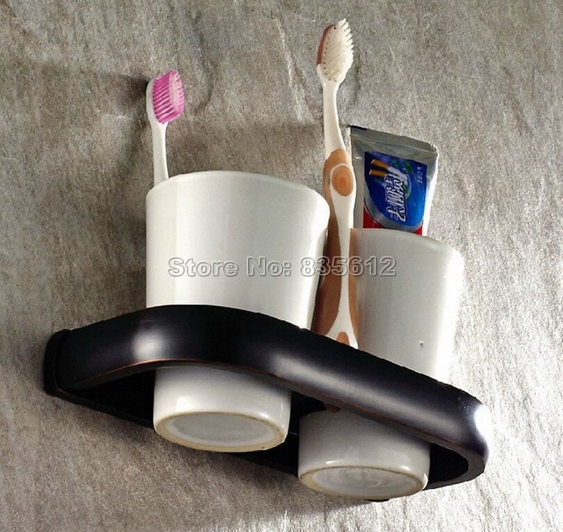 Black Oil Rubbed Bronze Bathroom Accessory Wall Mounted Toothbrush Holder with Two Ceramic Cups Wba197