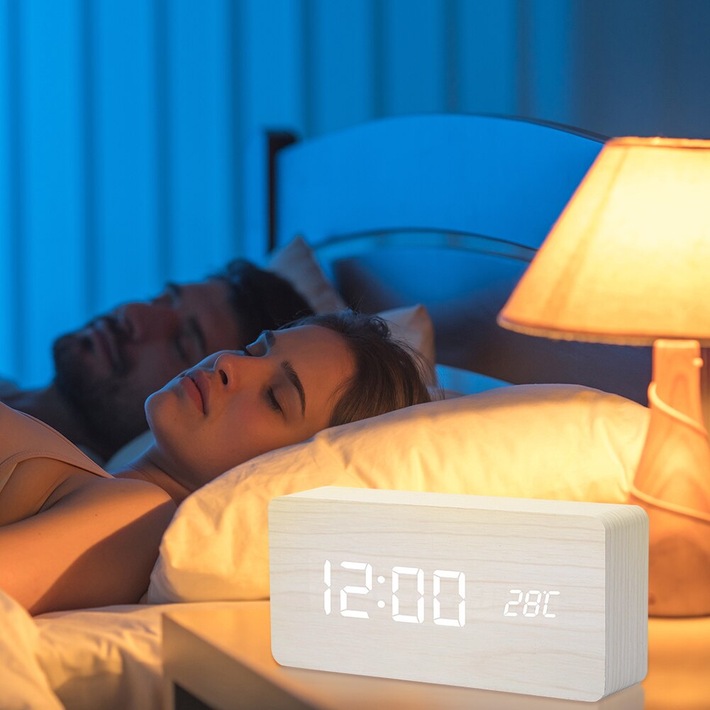 Electric LED Wooden Alarm Clock Multifunction Voice Control Digital Clock Large Number Temperature Desktop Display Clock for Off