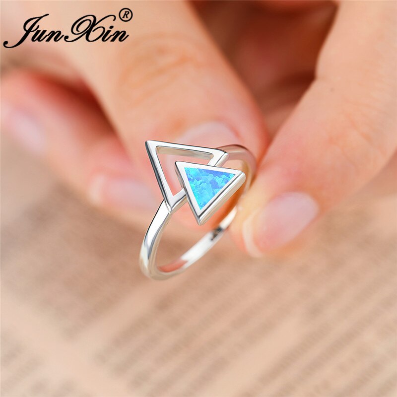 Geometrisk trekant blå hvid brand opal ringe til kvinder mænd sølvfarve simpelt bryllup band lover forlovelsesring smykker
