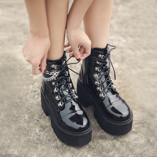 Couro de patente gótico preto botas de salto feminino sexy corrente chunky calcanhar plataforma botas femininas estilo punk tornozelo botas zíper ab670: 6