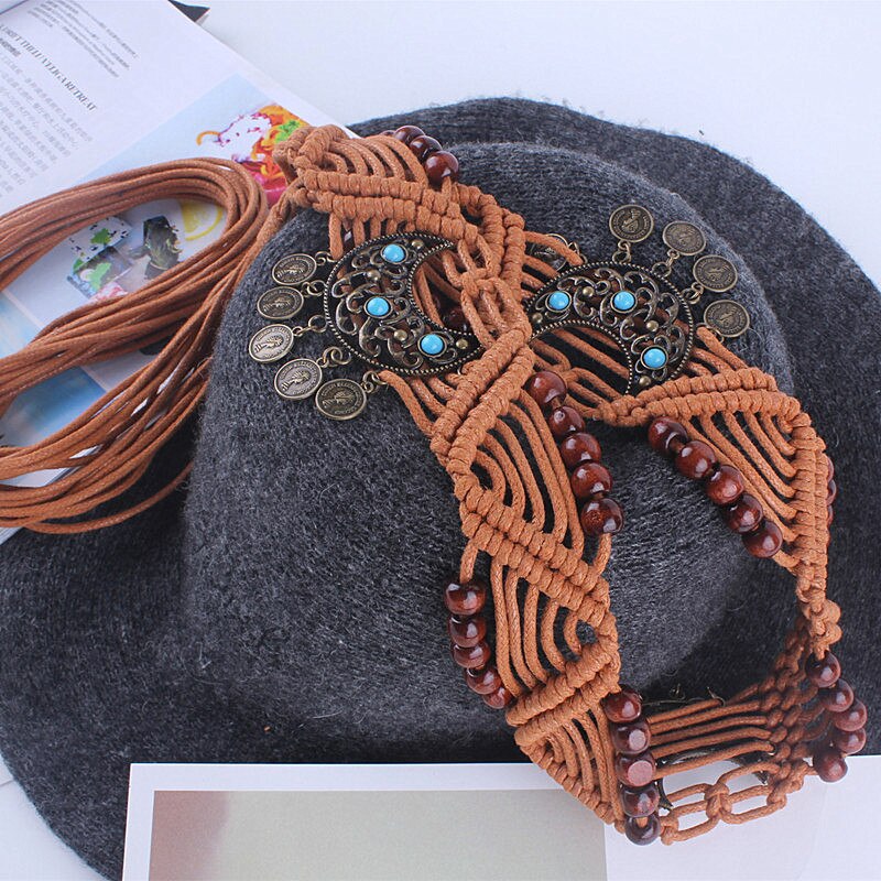 Jahrgang taille gürtel frauen verziert quaste geflochten Bohèmich Band mit seil für kleider knoten weibliche damen ceinture femme kette
