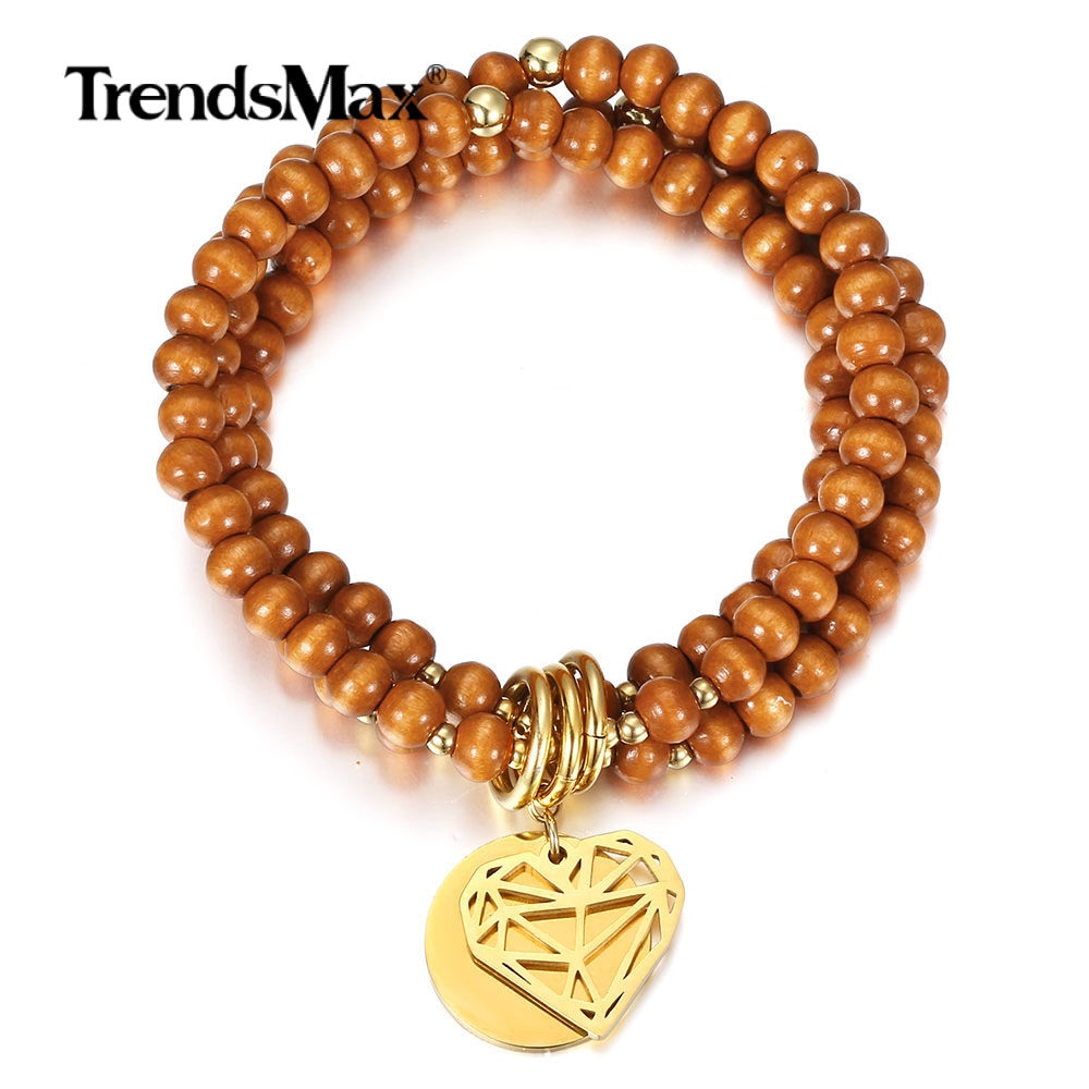 Graveren bedel hart liefde hanger armband dames heren houten meerlaagse houten streng kralen armband bohemien zomer  db284