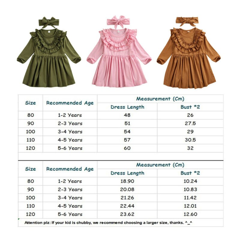 1-6T Toddler Kid Baby Girl Dress Solid Ruffle Collar Long Seeve Dress Outfit Sundress With headband