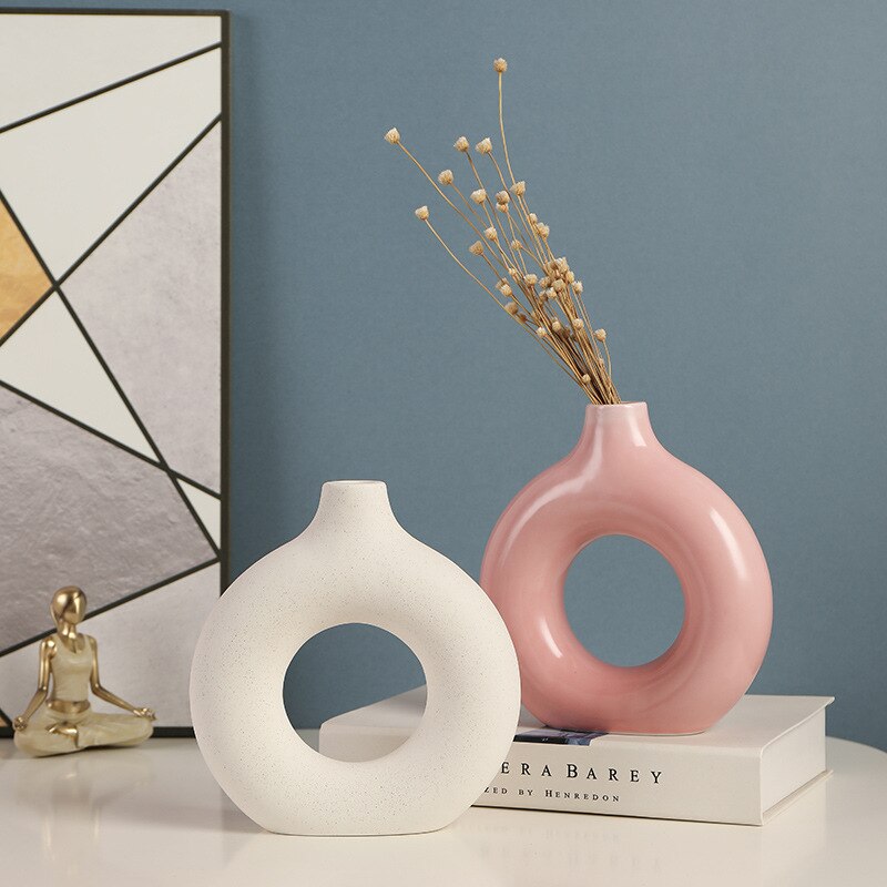 Jarrón de cerámica hueco Circular nórdico, maceta de donas, accesorios de decoración del hogar, oficina, escritorio, sala de estar, de decoración Interior
