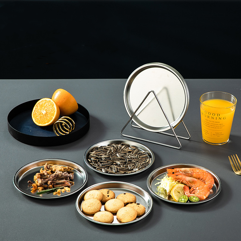 Stainless Steel Dinner Plates Restaurant Gold Serving Tray Round Dessert Cake Snack Dishes Silver Storage Plate Korean Cutlery