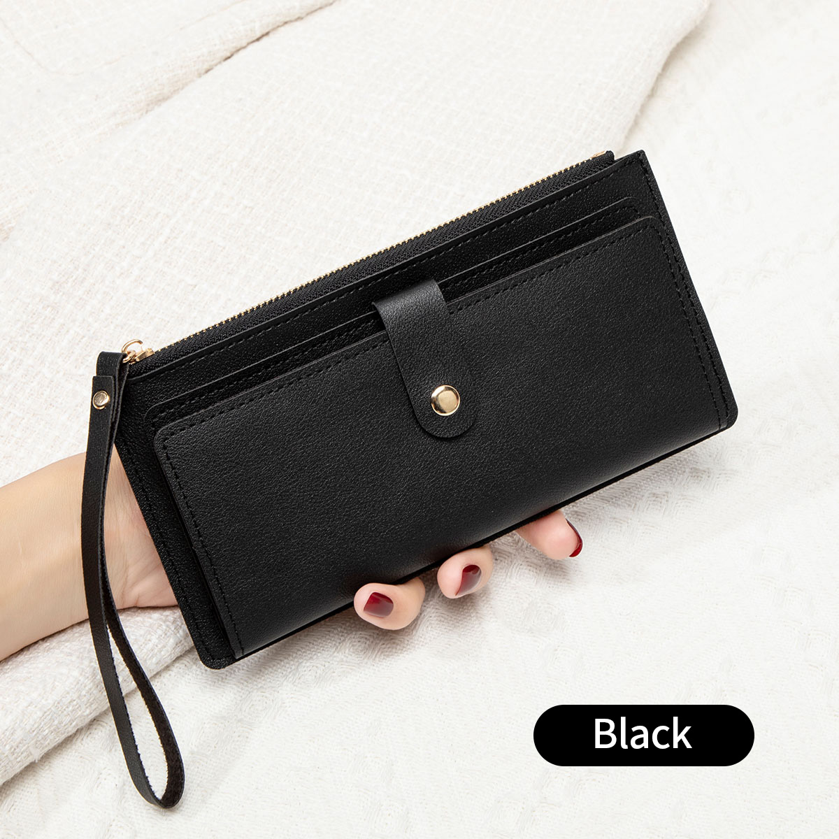 Ultra thin mini PU leather coin purse simple women's long card bag multifunctional handheld credit card holder women's wallet: black