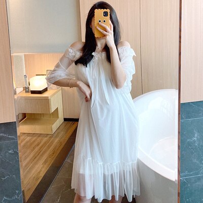#515 vestido de noche de maternidad de algodón tejido fino de encaje dulce Reffule, ropa de noche Sexy de verano suelta para mujeres embarazadas: Blanco / S