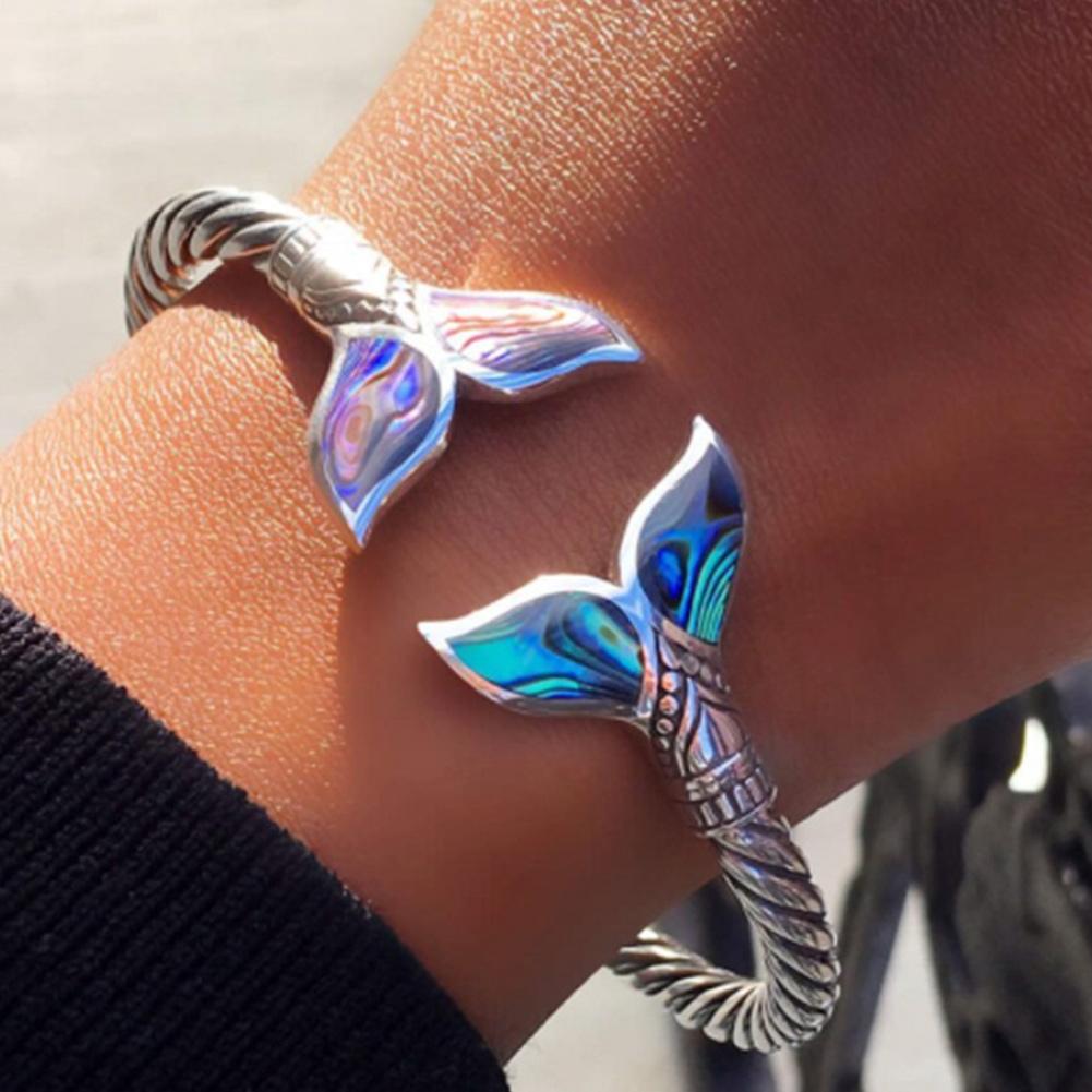 Abalone Shell e Mermaid Tail Bangle Bracelet catena a mano aperta regolabile per donna ragazze Trendy Creative Beach Jewelry Gift