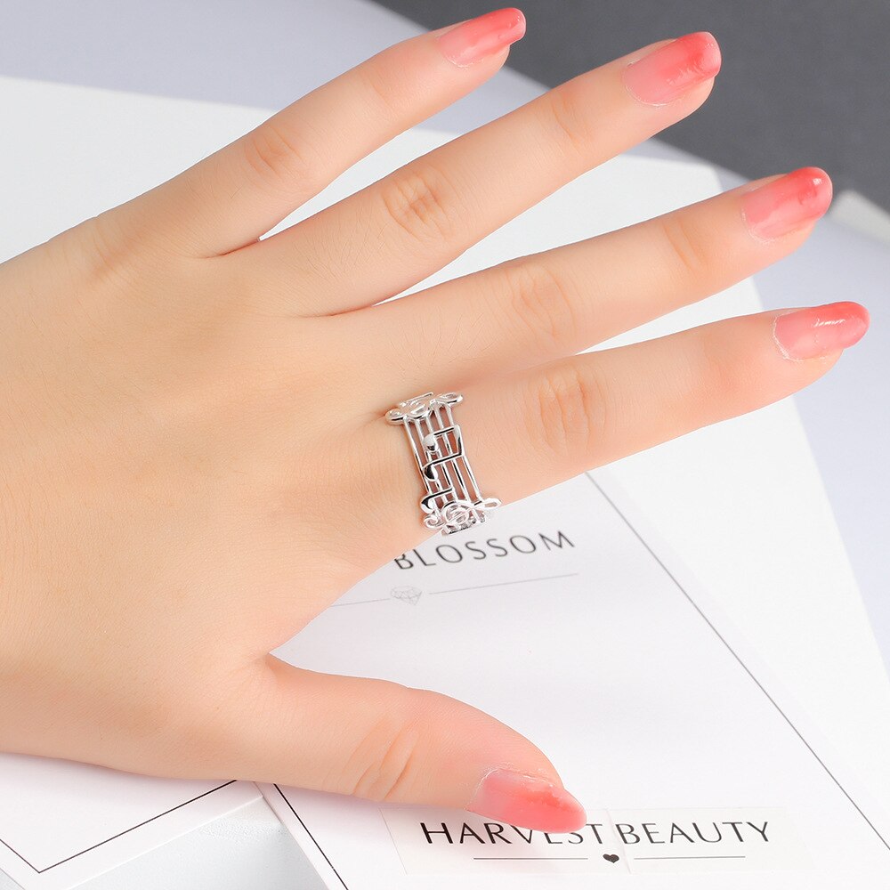 Silver Color Diamante Euryprosopic Rings Musical Note Pattern Rings for Music Lover Trendy Literature and Art for Women