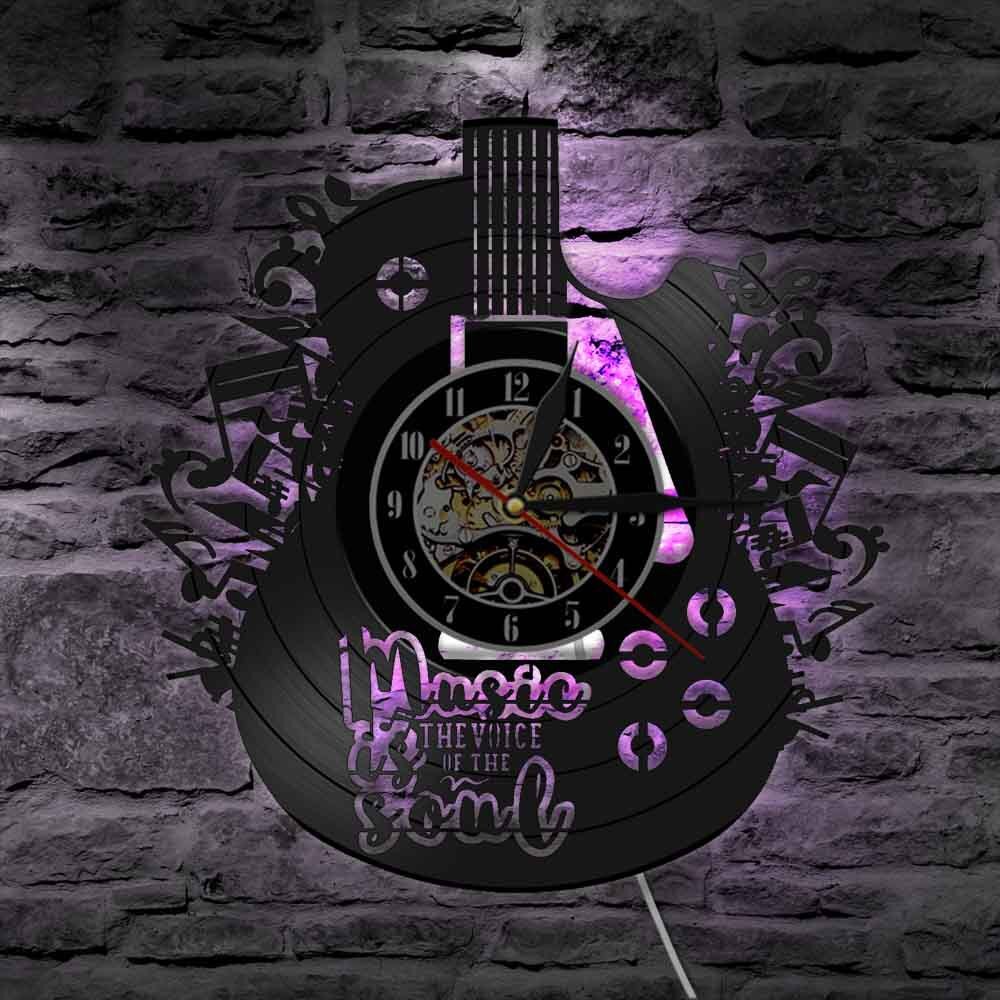 Gitar form klassisk vinyl plate vegg colock veggkunst med 7 farger led lys for hjemme stue bar kontor dekorasjon: Med ledet