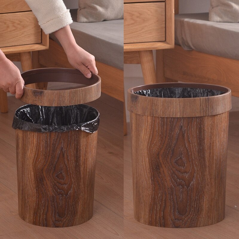 95AA Kleine Hout Kleur Prullenbak Prullenbak Rustieke Ronde Vuilnis Container Bin Voor Badkamer Slaapkamer Keuken Home Office 8L