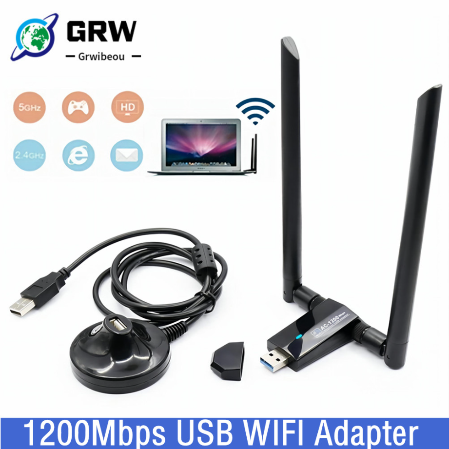 Grwibeou placa de rede sem fio 1200mbps de longo alcance ac1200 banda dupla 2.4g + 5g sem fio usb 3.0 wi-fi adaptador 802.11ac antenas wi-fi