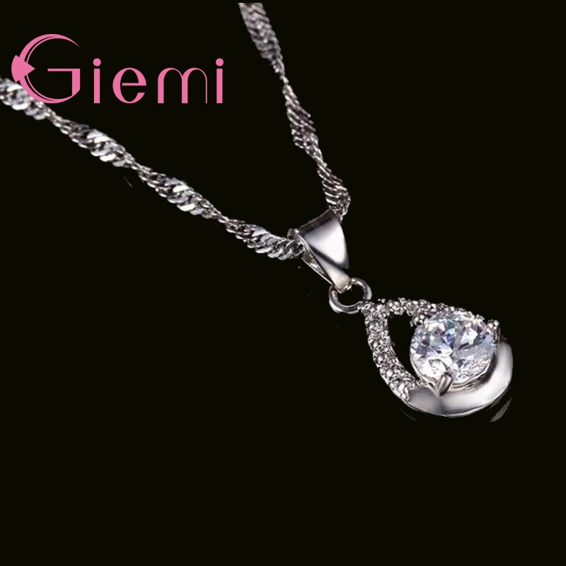 Klassieke Soild 925 Sterling Zilver Clear Crystal Zirconia Hanger Ketting Oorbellen Sieraden Sets Voor Vrouwen Dames