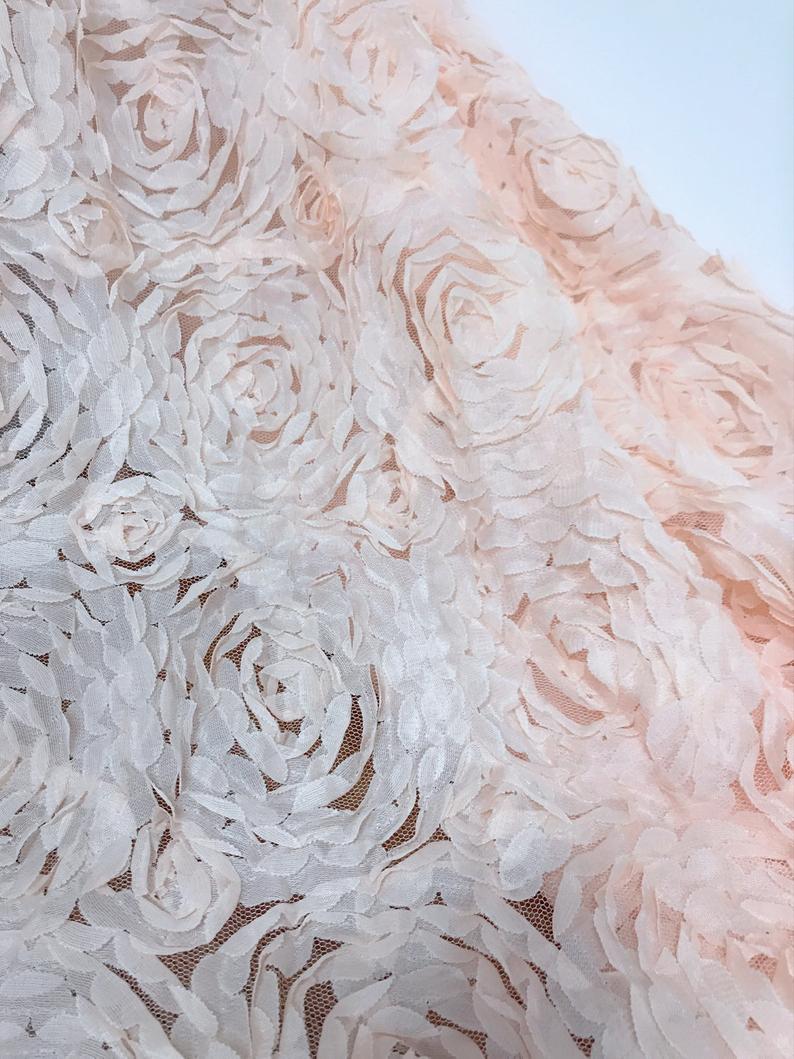 1 Yard Peach Pink Rosette Fabric Lace, Chiffon Rosette Fabric for Wedding decor, Table overlay, Rosette backdrop