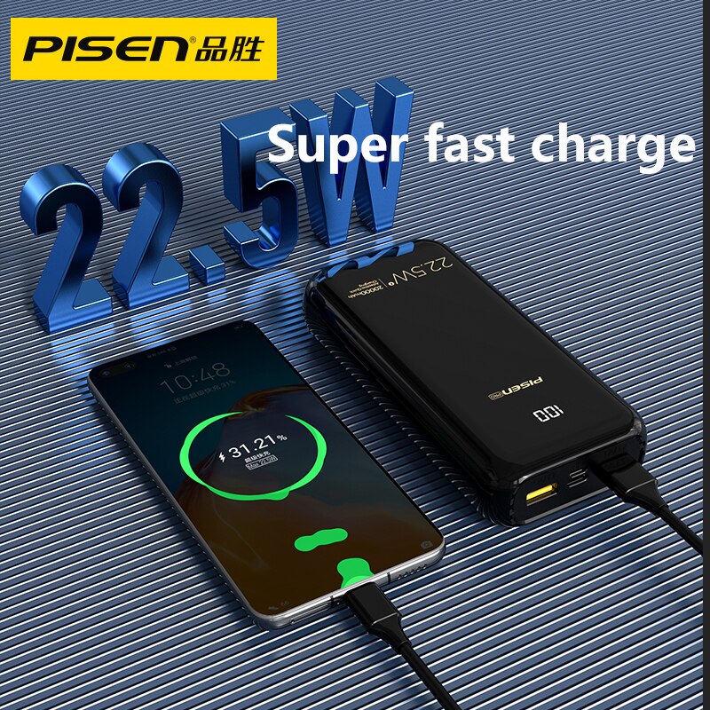 PISEN-batería portátil de 20000mah/30000mah/40000mah, powerbank de carga rápida de 22,5 w, ligera, 3 vías, carga rápida