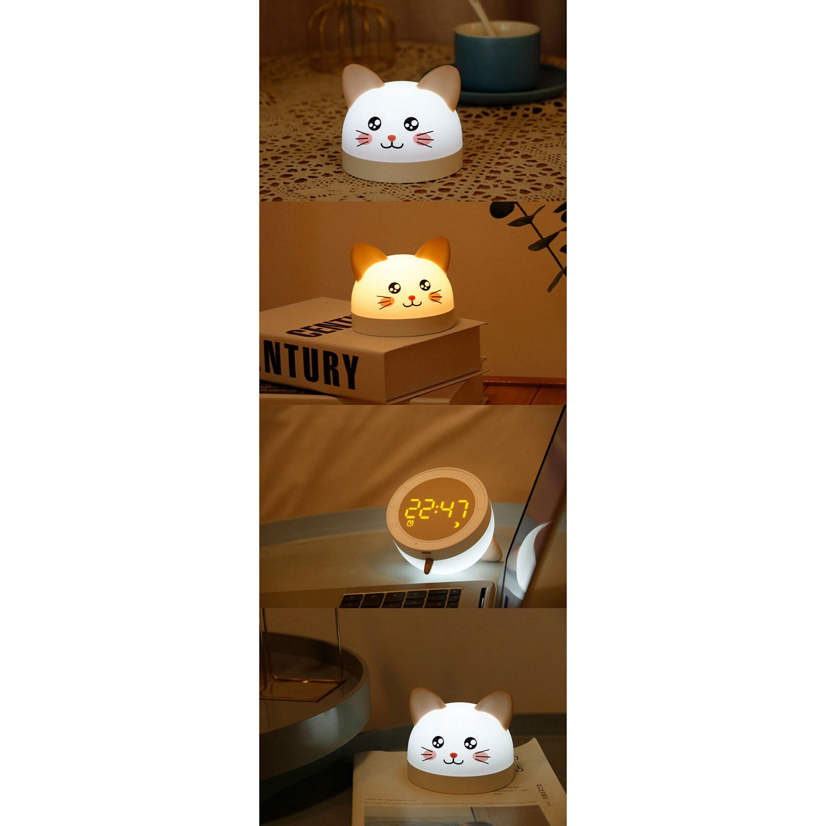 Réveil en forme de chat mignon pour enfants, 3 couleurs, LED, minuterie, veilleuse Rechargeable, pour enfants