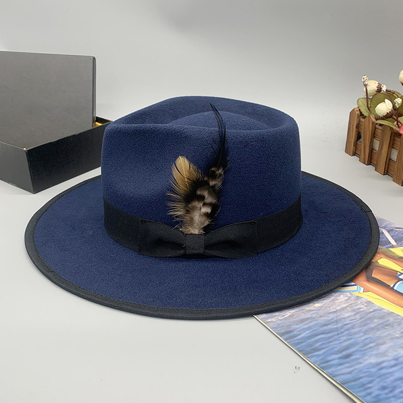 Men Women Retro Adjustable Blue Wool Blend Classical Homburg Hats Feather Band Fedora Caps Trilby Sunhat Jazz Winter Warm LM32