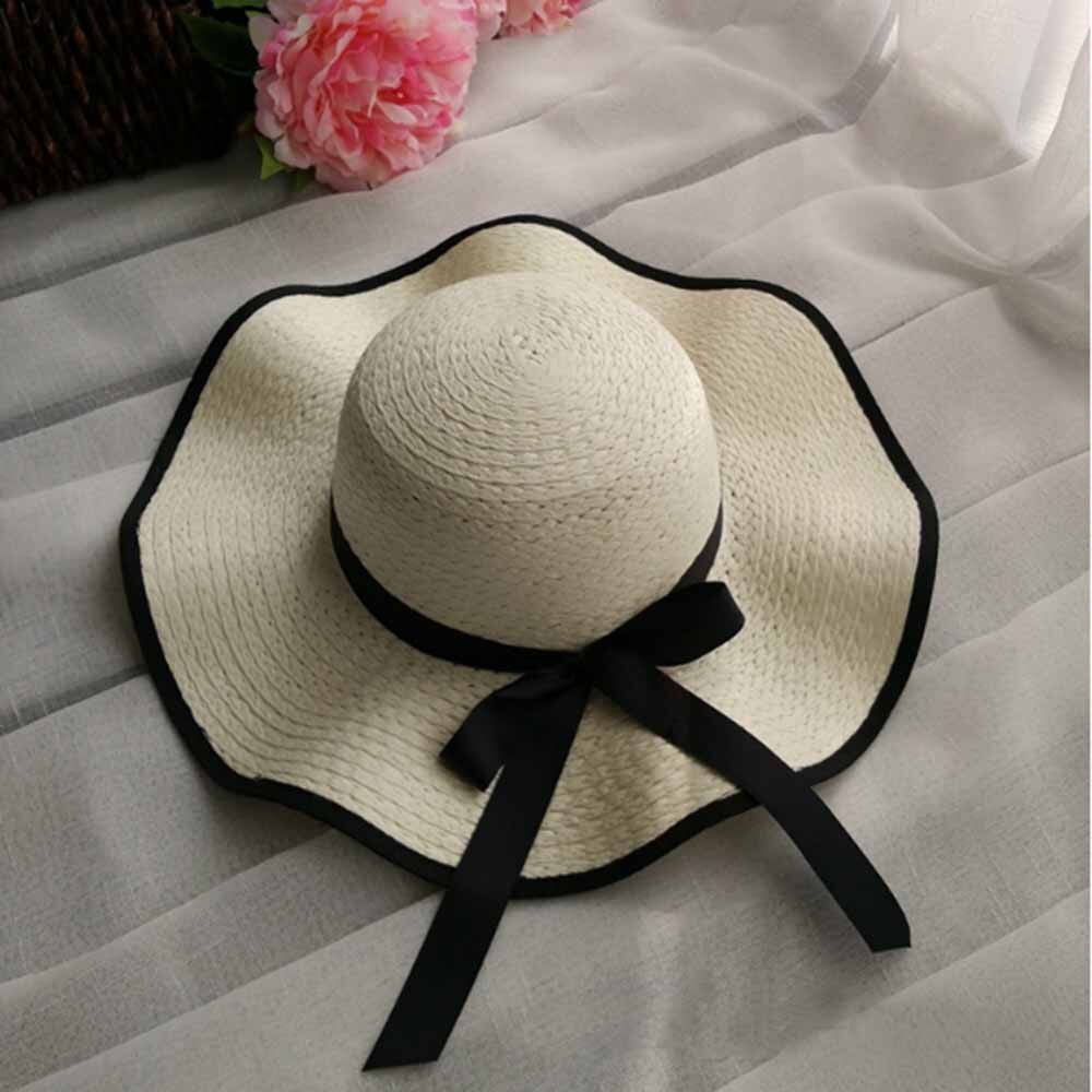 Damer årsagssammenhæng topi strand hat sommer sol uv beskyttelse yndefuld floppy halm sol hat kvinder kvinde rejse hat: Mælkehvid