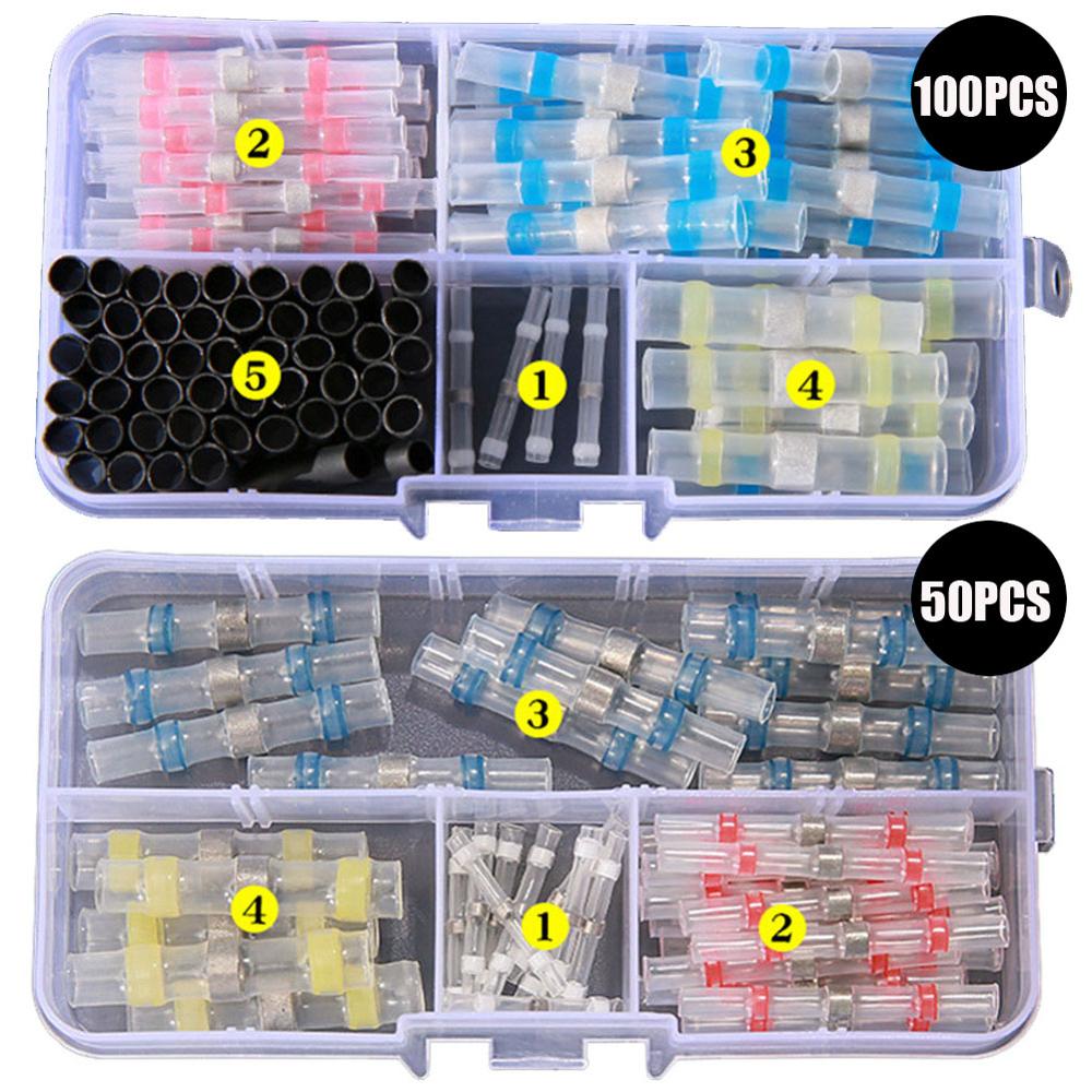 OLOMM 100/50Pcs Tin Ring Crimp Terminal Connector Solder Wire Connector Shrinkage Sleeve Tube for Motorcycle Car Cable Connect