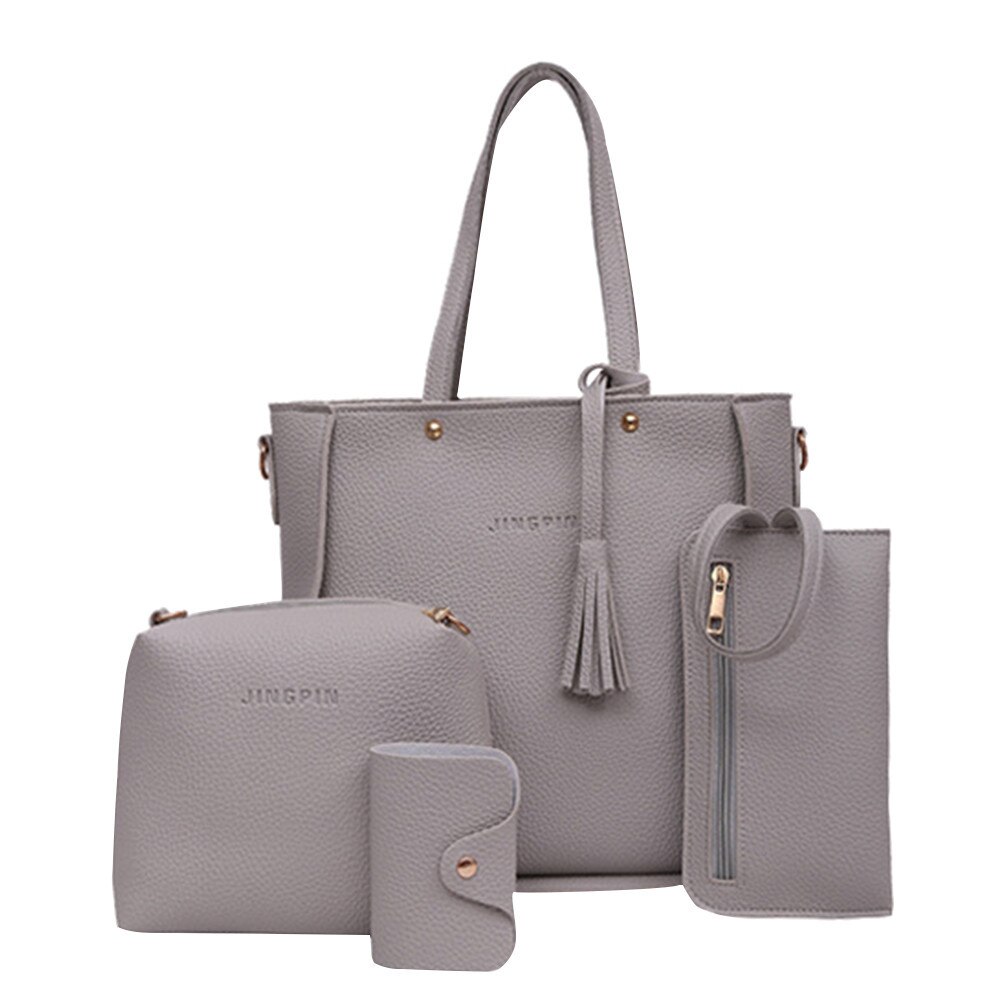 Women Bag Set Top-Handle Big Capacity Female Tassel Handbag Shoulder Bag Purse Ladies PU Leather Crossbody Bag #L10: Gray