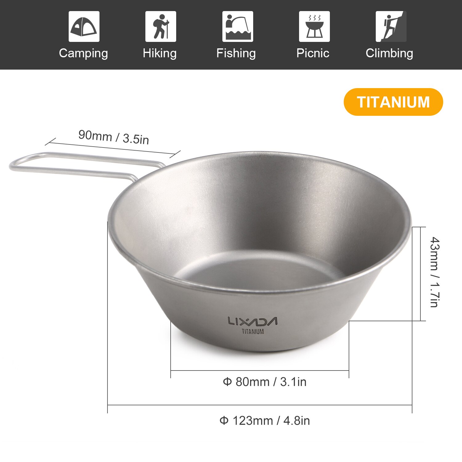 Bol de titanio Lixada con asa plegable, utensilios de cocina al aire libre para acampar, senderismo, mochilero, equipo de Picnic, Campamento, estufa de Camping: Titanium
